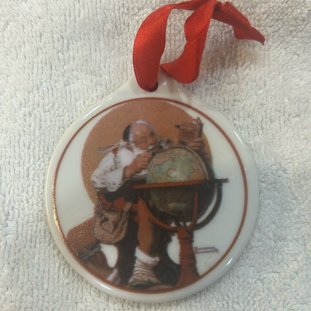 Vintage Set of 3 Norman Rockwell 1995 Santa At The Globe Porcelain Ornaments